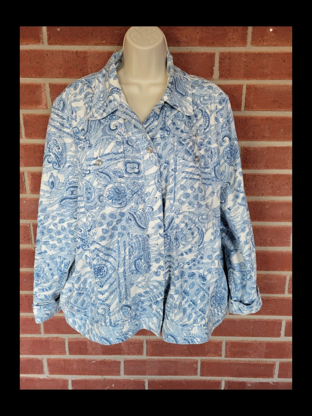 11 Blue and White Paisley Button-Front Denim Jacket